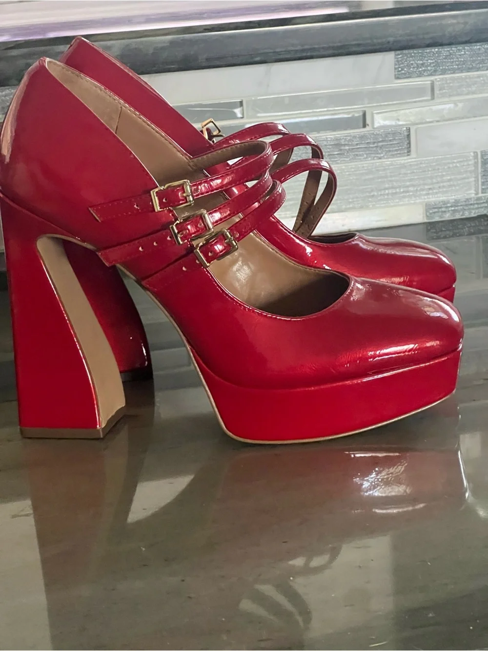 Jessica Simpson Red Patent Triple-Strap Platform Heels